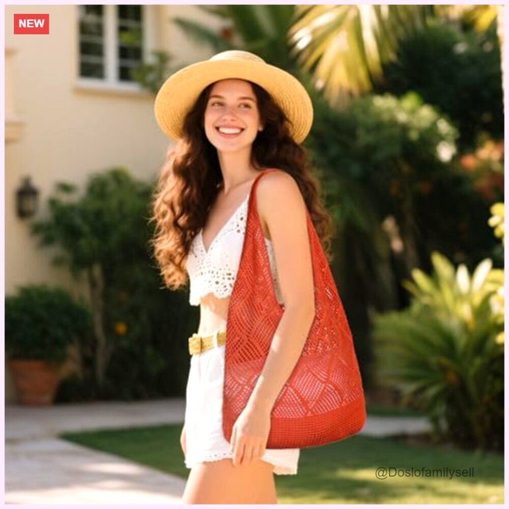 Large Crochet Mesh Tote Bag Foldable Beach Hobo Shoulder Bag - Picture 7 of 7
